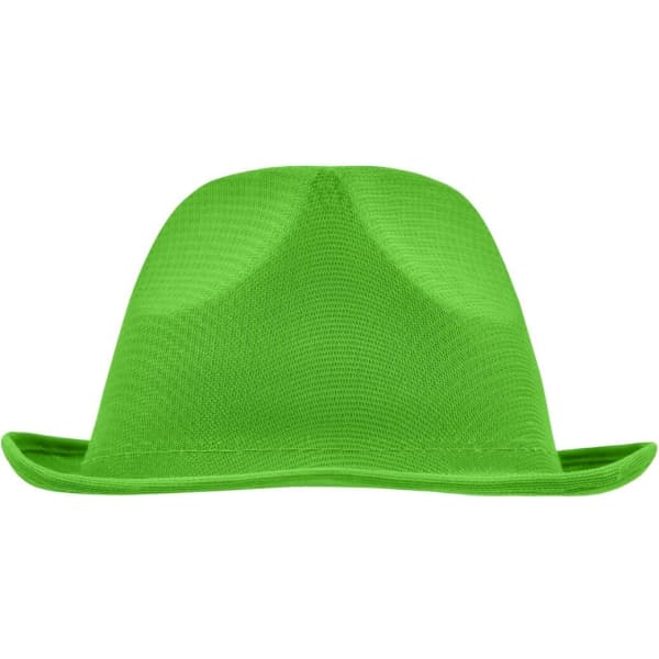 A bright green promotional hat with a wide brim and a textured surface. Features a logo on the front.