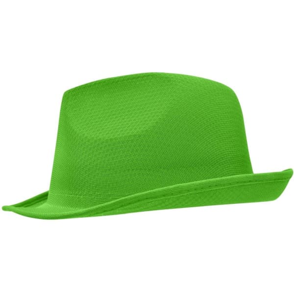 A green promotion hat with a stylish, flat-brimmed design and a logo.