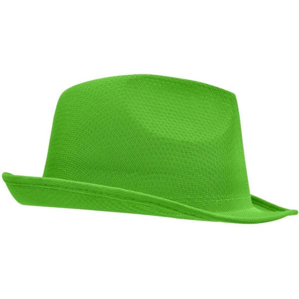 A green promotional hat with a wide brim and a smooth texture, featuring a logo.