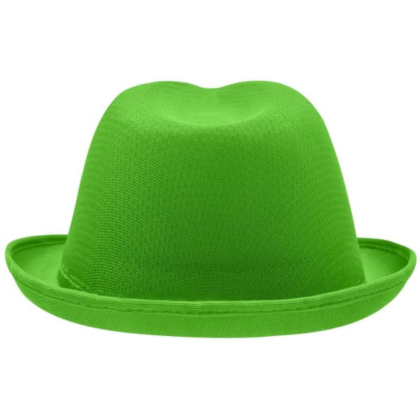A green promotional hat featuring a classic design and a logo on the side.