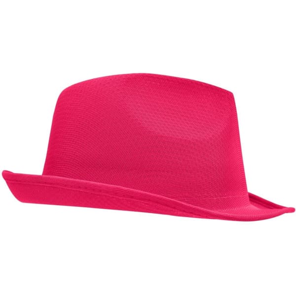 A pink promotional hat with a flat brim and classic design. It features a logo on the side.