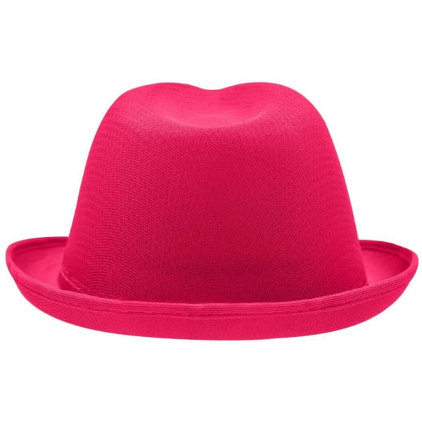 A bright pink hat with a rounded crown and wide brim, featuring a logo on the side.