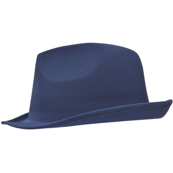 A navy blue promotion hat with a structured design and a wide brim, featuring a logo on the side.