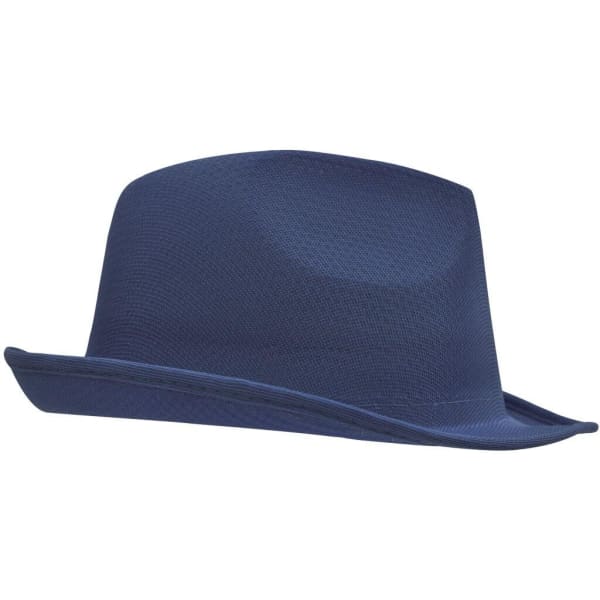 A navy blue hat with a broad brim and a structured crown. It features a logo on the side.