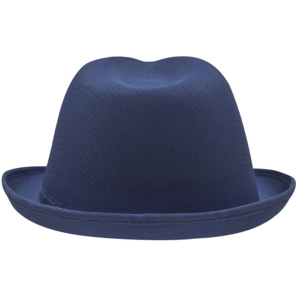 A navy blue promotional hat with a rounded crown and a wide brim. It features a logo.