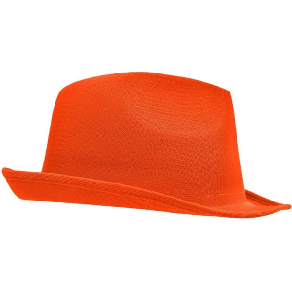An orange promotion hat with a structured design and wide brim, featuring a logo.