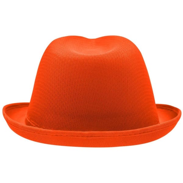 An orange promotional hat with a rounded top and a wide brim, featuring a logo.
