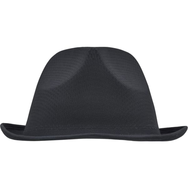 A black promotion hat with a wide brim and a structured crown, featuring a logo on the side.