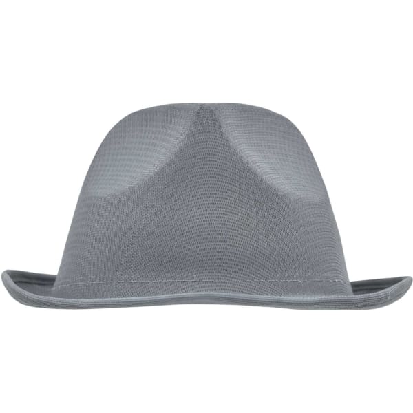 A grey promotional hat with a rounded top and a wide brim, featuring a logo on the side.