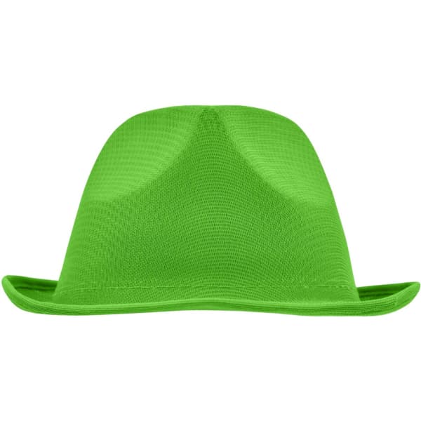 A bright green promotional hat with a structured design and a curved brim. Features a branding logo.