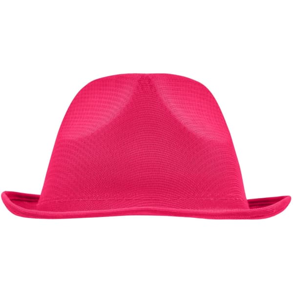 A pink promotional hat with a wide brim and a textured surface, featuring a logo on the front.