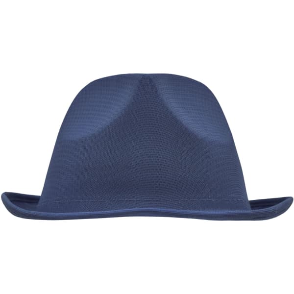 A promotional hat in a solid navy blue colour with a curved brim and a central crown design.