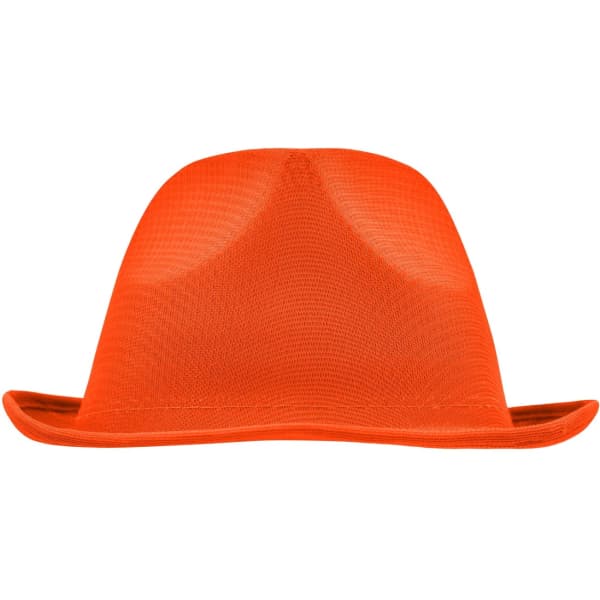 An orange promotion hat with a wide brim and a structured, flexible design, featuring a logo.