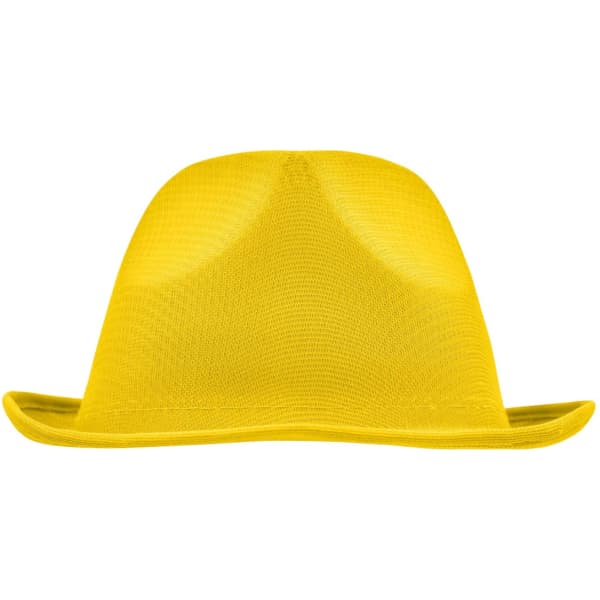 A bright yellow hat with a wide brim and a structured crown, featuring a logo on the side.
