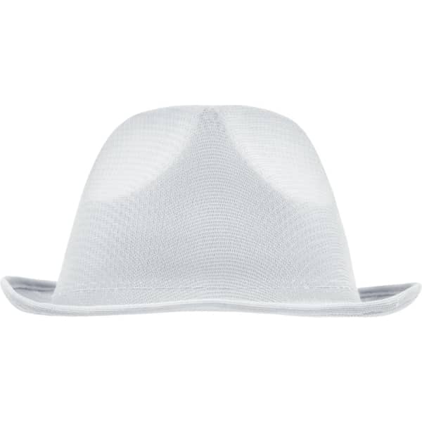A white promotional hat with a structured design and a slightly curved brim, featuring a logo.