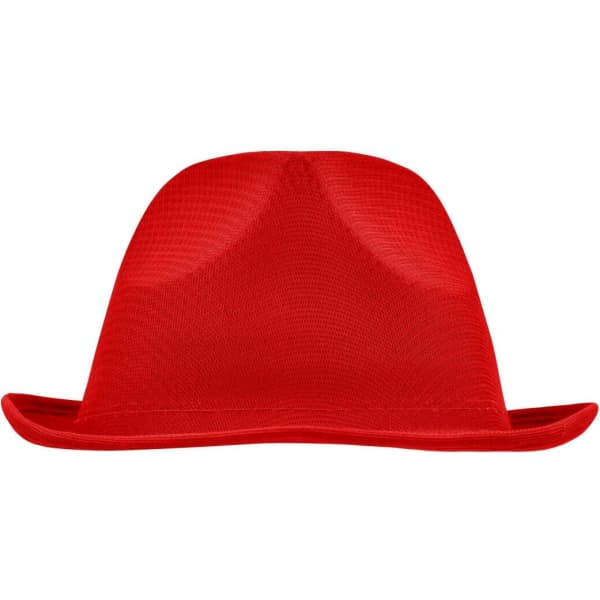 A red promotional hat with a distinctive wide brim and a textured surface, featuring a logo on the side.