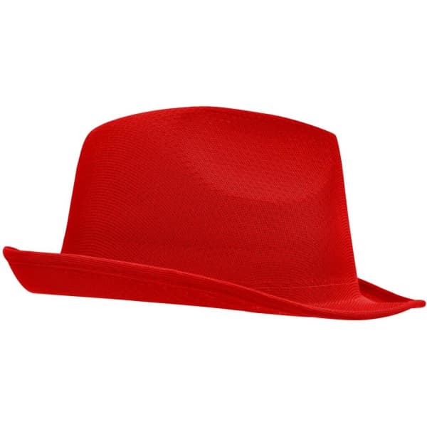 A red promotion hat with a rounded crown and wide brim, featuring a logo.