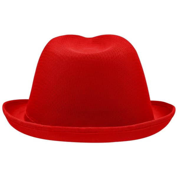 A red promotion hat featuring a rounded crown and a wide brim, with a logo on the side.