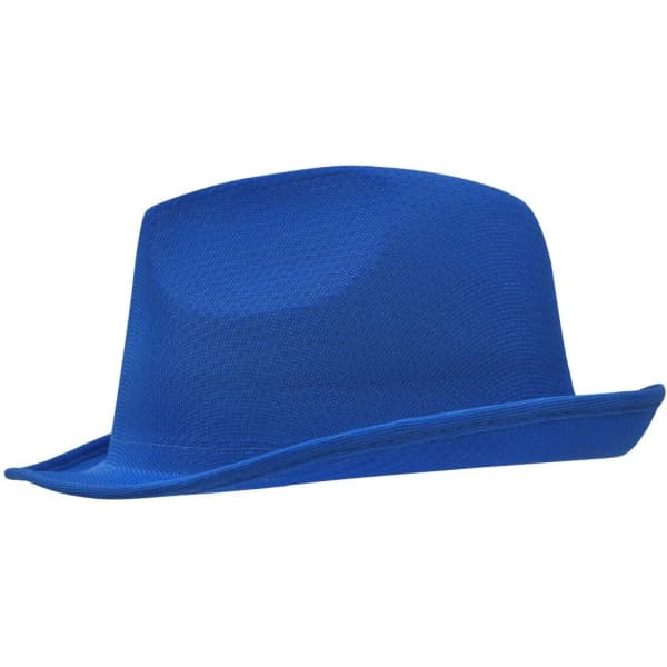 A blue promotional hat with a structured design and a wide brim, featuring a logo.