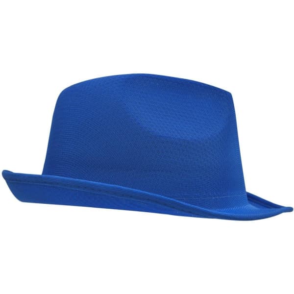 A blue promotional hat with a flat crown and wide brim, featuring a simple design and a logo.