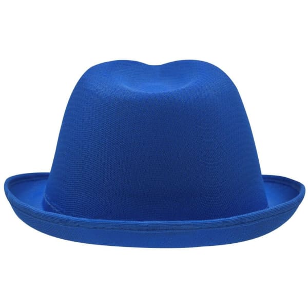 A blue hat with a rounded top and wide brim, featuring a logo.