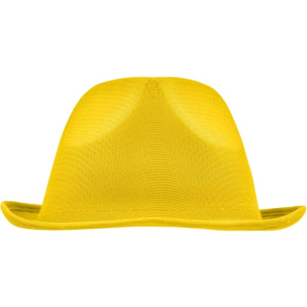 A bright yellow hat with a wide brim and a structured design. It features a logo on the side.