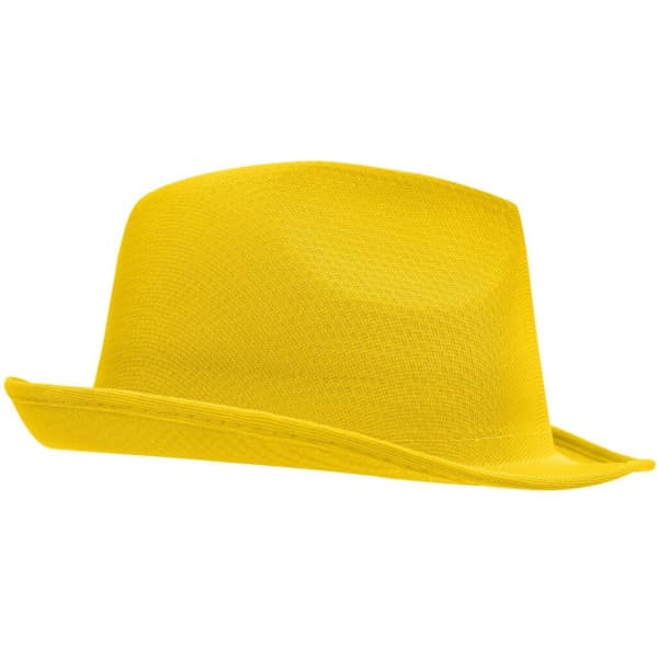 A yellow hat with a wide brim and a smooth texture, featuring a logo on the side.