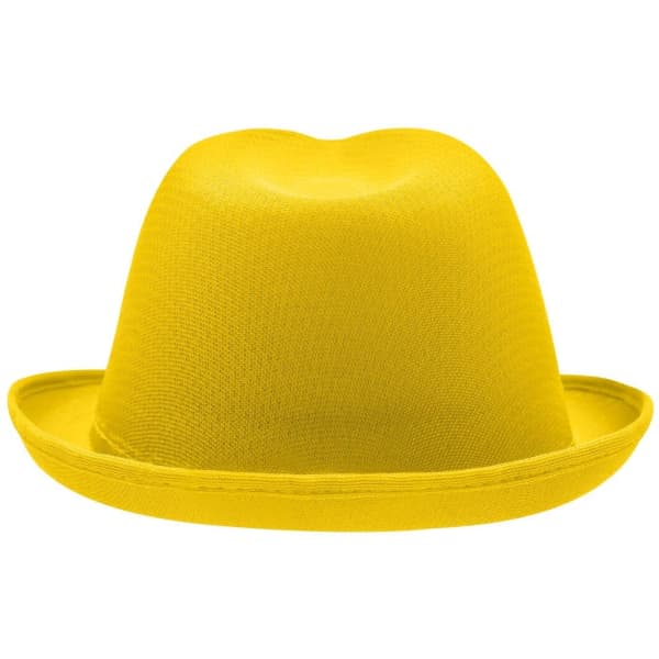 A yellow promotion hat with a wide brim and a rounded crown. It features branding on the exterior.
