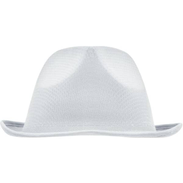 A white promotion hat with a wide brim and a smooth texture, featuring a logo on the front.