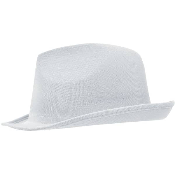 A white hat with a short brim and a sleek design, featuring a logo on the side.
