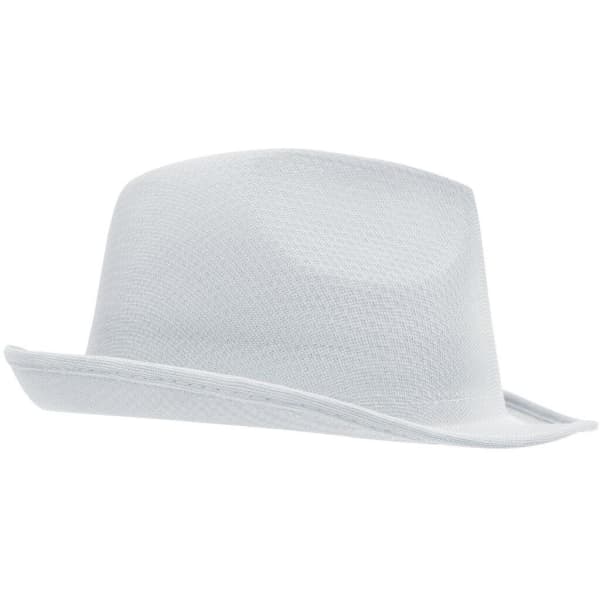 A white fedora hat with a smooth texture and a wide brim. It features a logo on the side.