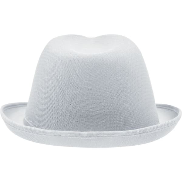 A light grey promotional hat with a rounded top and a wide brim. Features a branding logo.