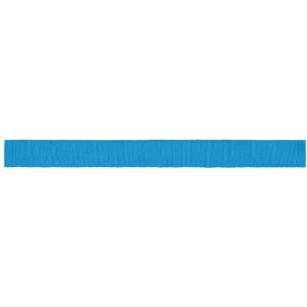 A blue ribbon for promotional use, featuring a smooth texture and a branding logo.