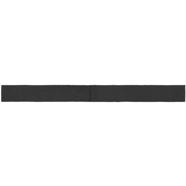 A black promotional ribbon with a small logo, designed for use on hats or other items.