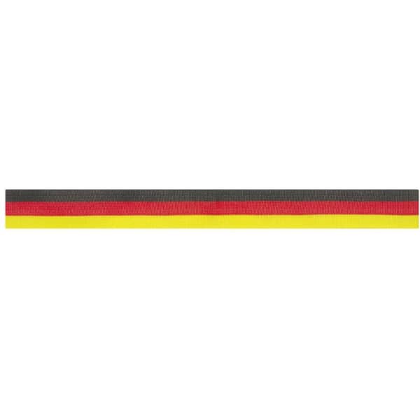 A promotional ribbon featuring horizontal stripes in black, red, and yellow. It has a branding logo.