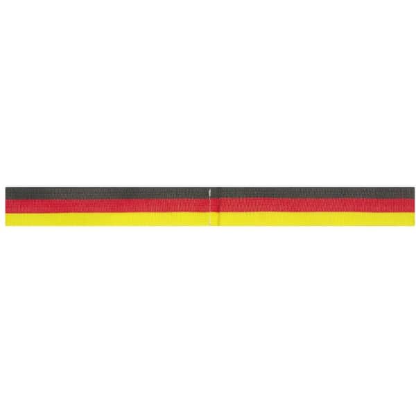 A ribbon featuring black, red, and yellow stripes, designed for promotional use. It has a logo at one end.