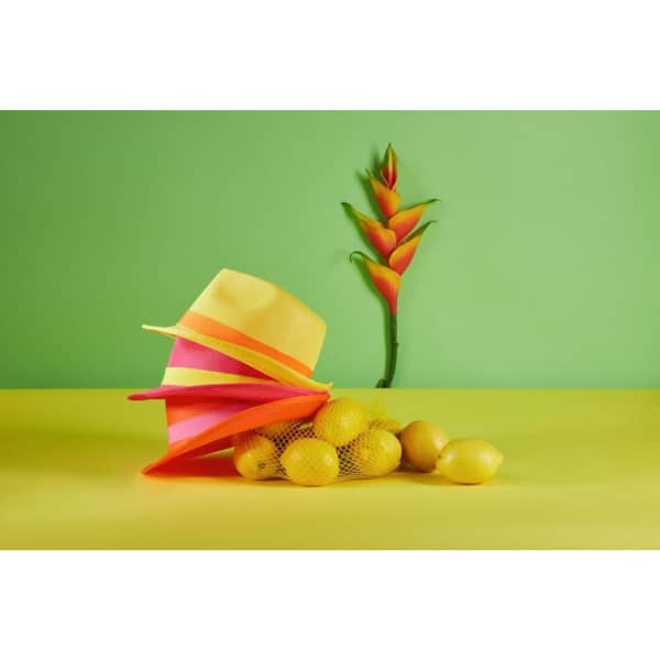 A vibrant pink and yellow promotional hat rests beside a group of lemons on a bright green background.