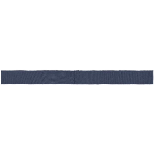 A navy blue ribbon displayed flat, featuring a simple design and a logo.