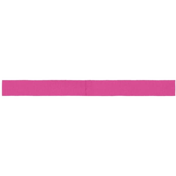 A pink promotional ribbon laid flat, featuring a branding logo.
