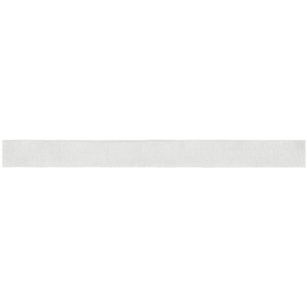 A white ribbon laid flat, featuring a subtle texture, suitable for promotional use. It has a branding logo.