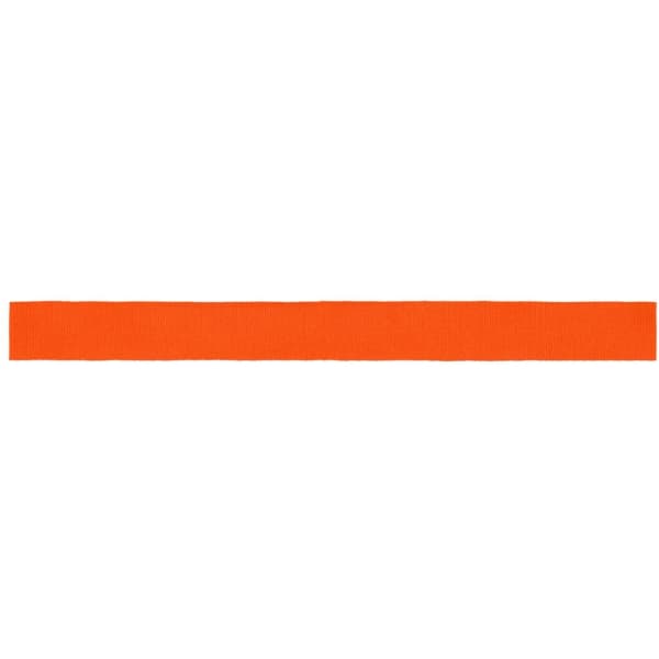 An orange promotional ribbon, featuring a plain design and a logo.