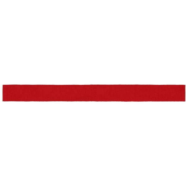 A red ribbon with a solid colour and a flat, rectangular shape, featuring a logo.