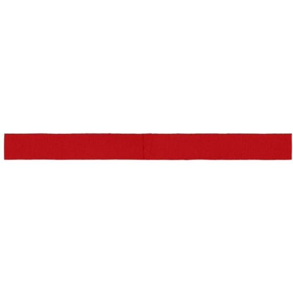 A red promotional ribbon designed for use with hats, featuring a simple, flat design and an unspecified logo.