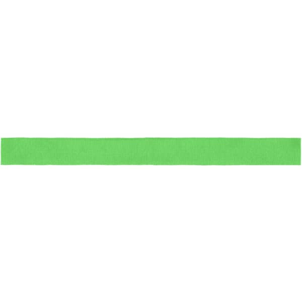 A vibrant green ribbon for promotional use, featuring a simple design and a smooth texture.