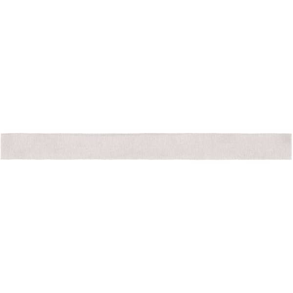 A flat light grey ribbon for promotional use, featuring a simple design and a logo.