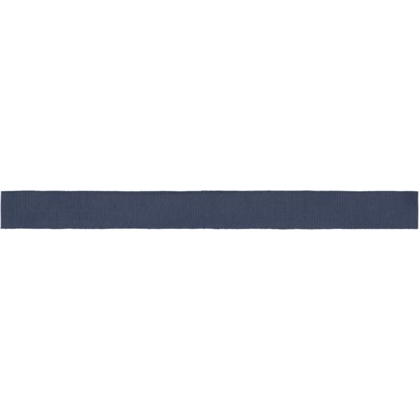 A navy ribbon for promotional use, featuring a simple design and a subtle sheen. It includes branding.