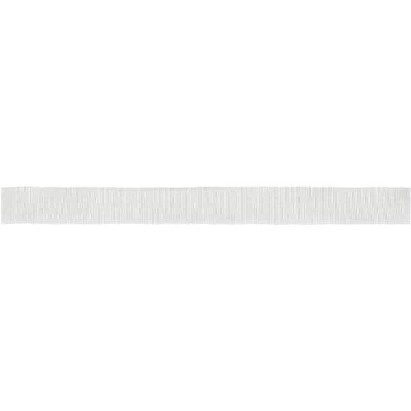 A white ribbon designed for promotional use. Features a logo or branding.