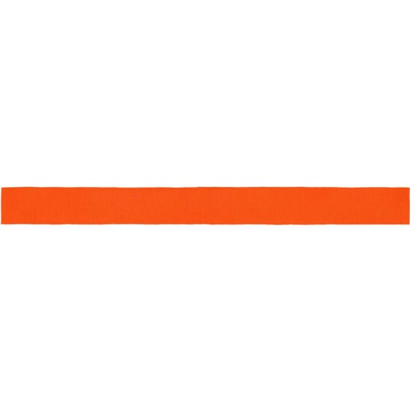 An orange promotional ribbon, suitable for use in various promotional contexts, featuring a logo.