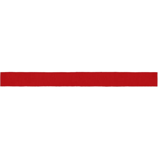 A red promotional ribbon, featuring a solid colour and a smooth texture. It has a branding logo on one side.