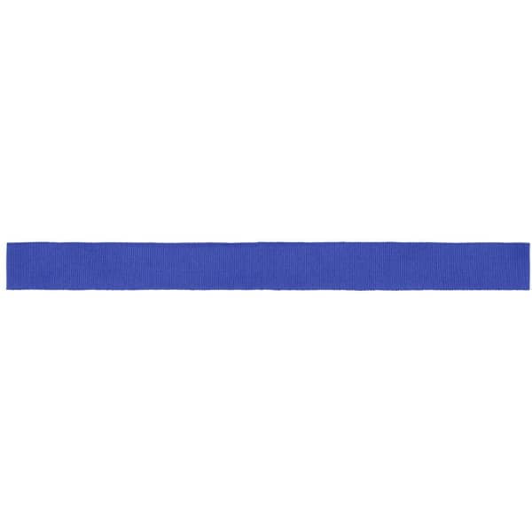 A blue promotional ribbon in a long, flat design, featuring a branding logo.